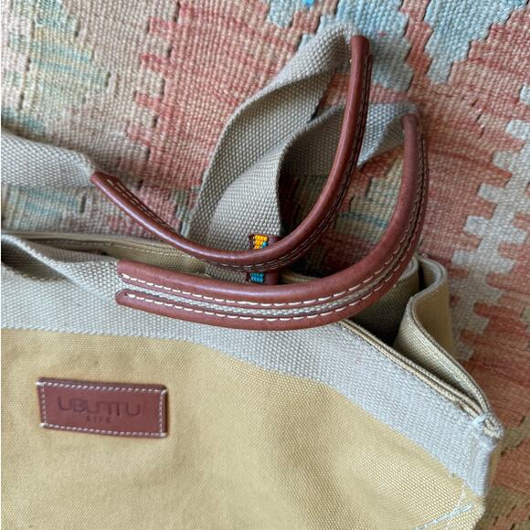 Ubuntu Life Khaki Canvas Tote Bag w Leather and Bead Trim Laptop Sleeve African - Picture 6 of 10